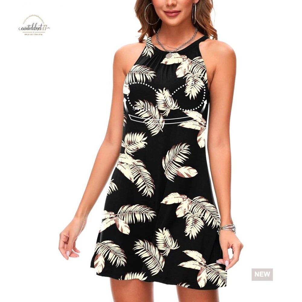Summer Halter Mini Dress with Built-In Bra, Flowy A-Line Casual Beach Sundress